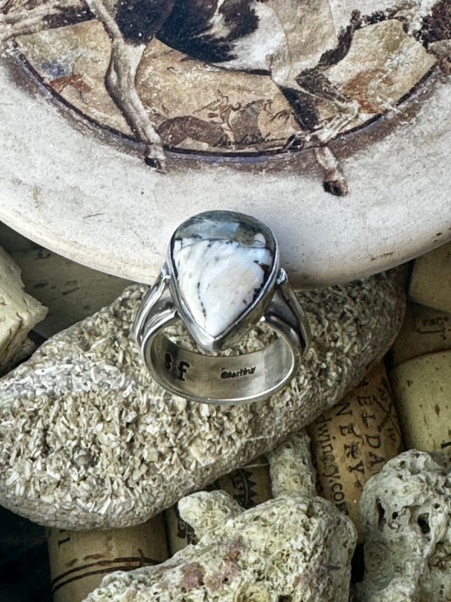 White Buffalo Small Tear Drop Contemporary Ring Size 7.5, Adjustable