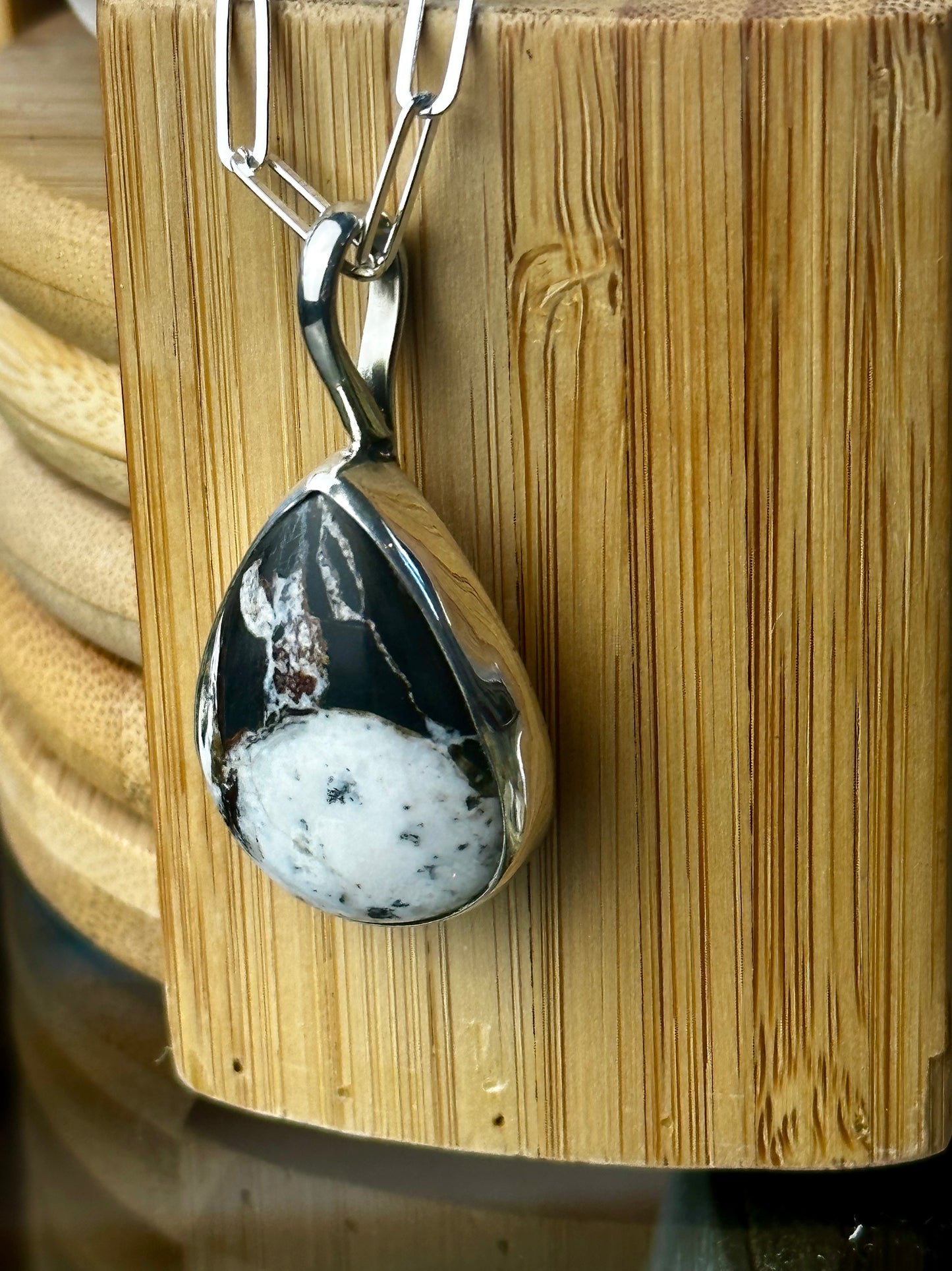 White Buffalo Tear Drop Contemporary Pendant with Clip Chain