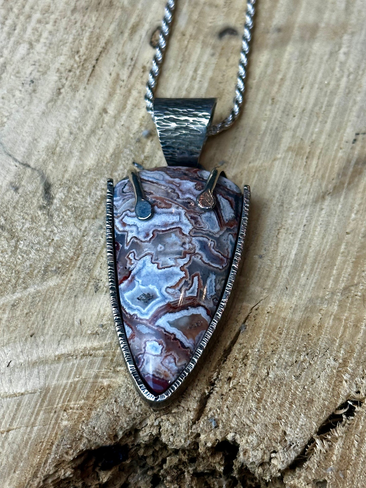 Craze Lace Agate Partial Bezel with Prongs Pendant with Rope Chain