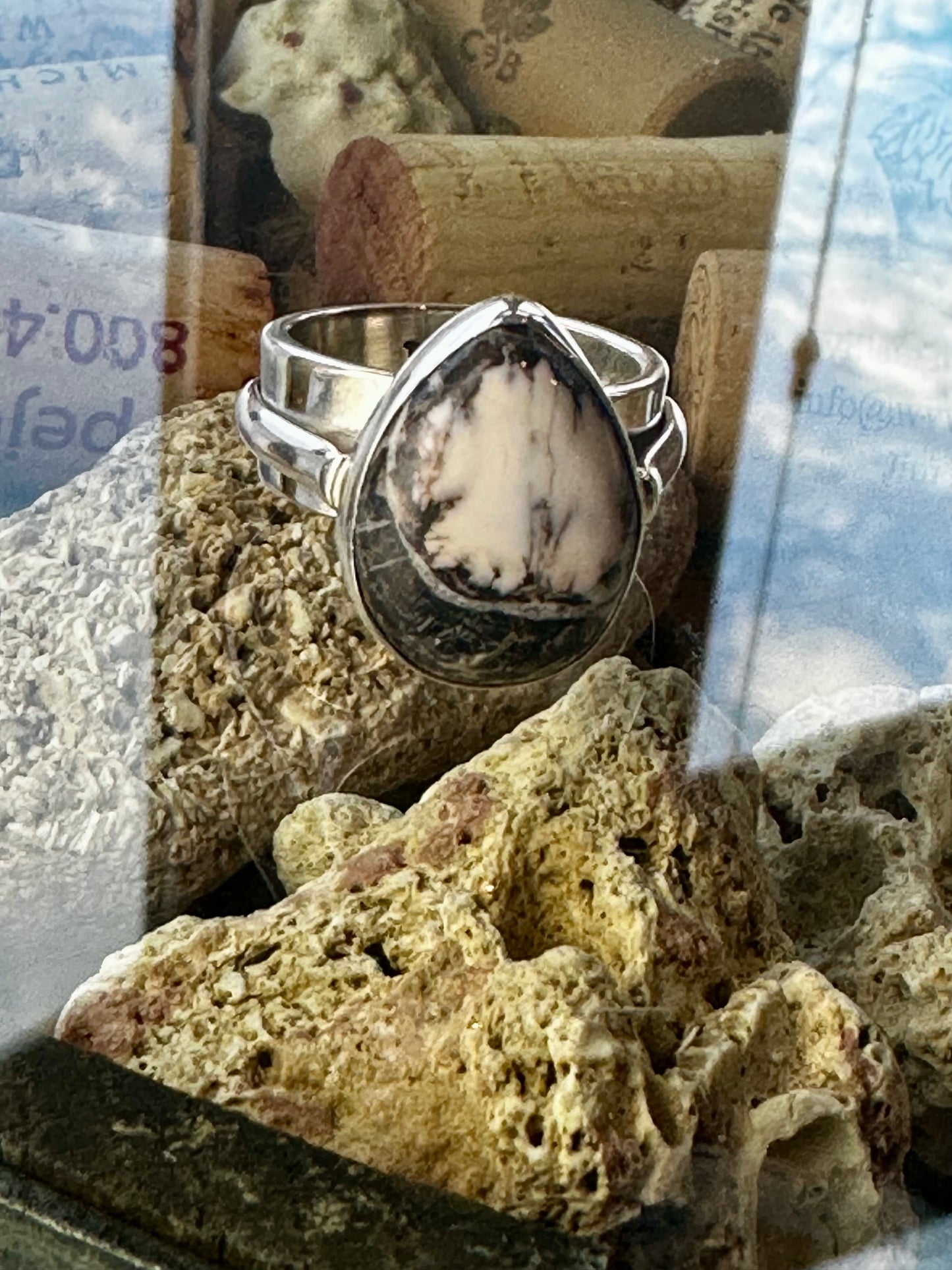 White Buffalo Small Tear Drop Contemporary Ring Size 7.5, Adjustable