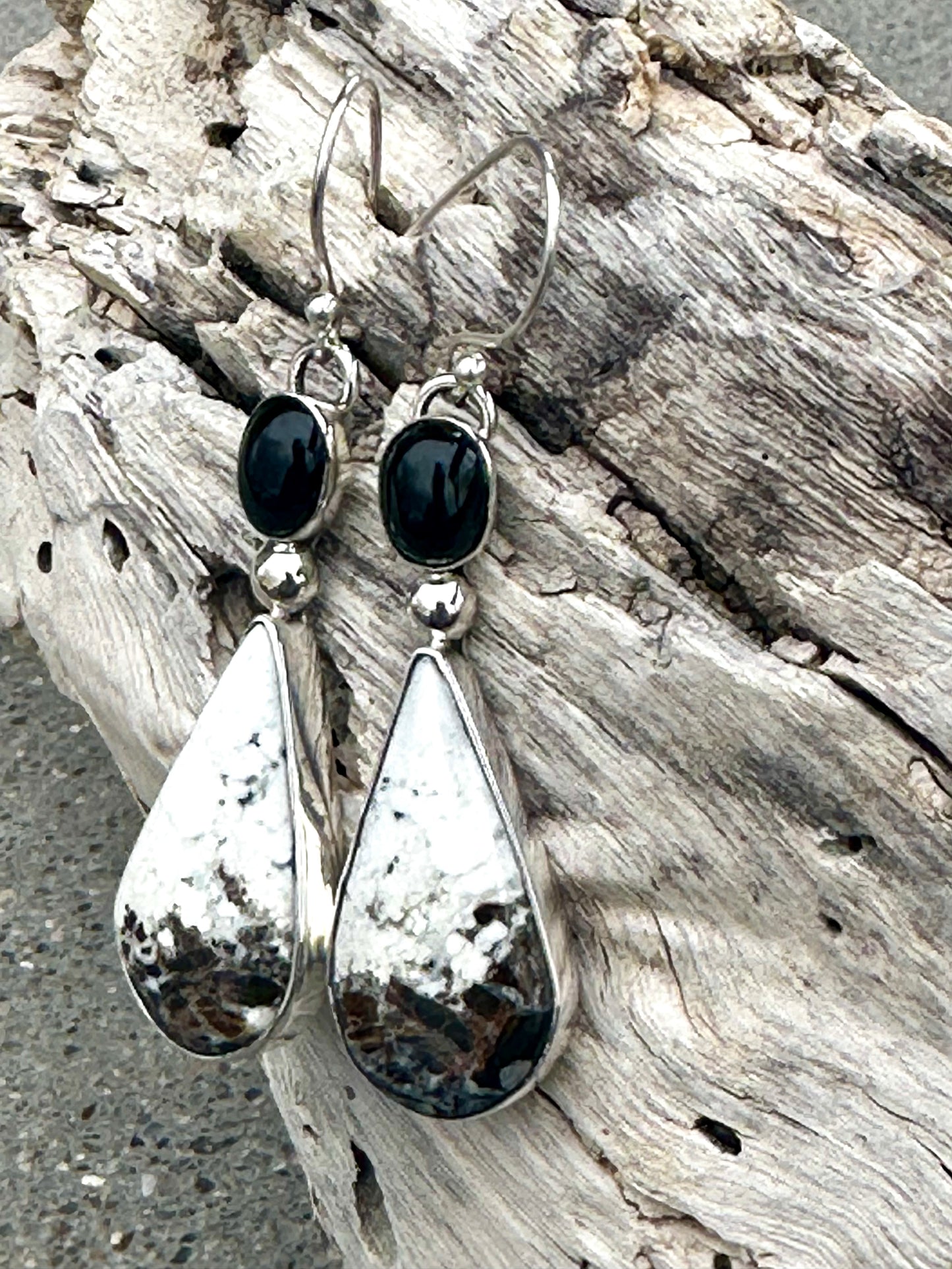 White Buffalo & Black Onyx Sterling Silver Earrings