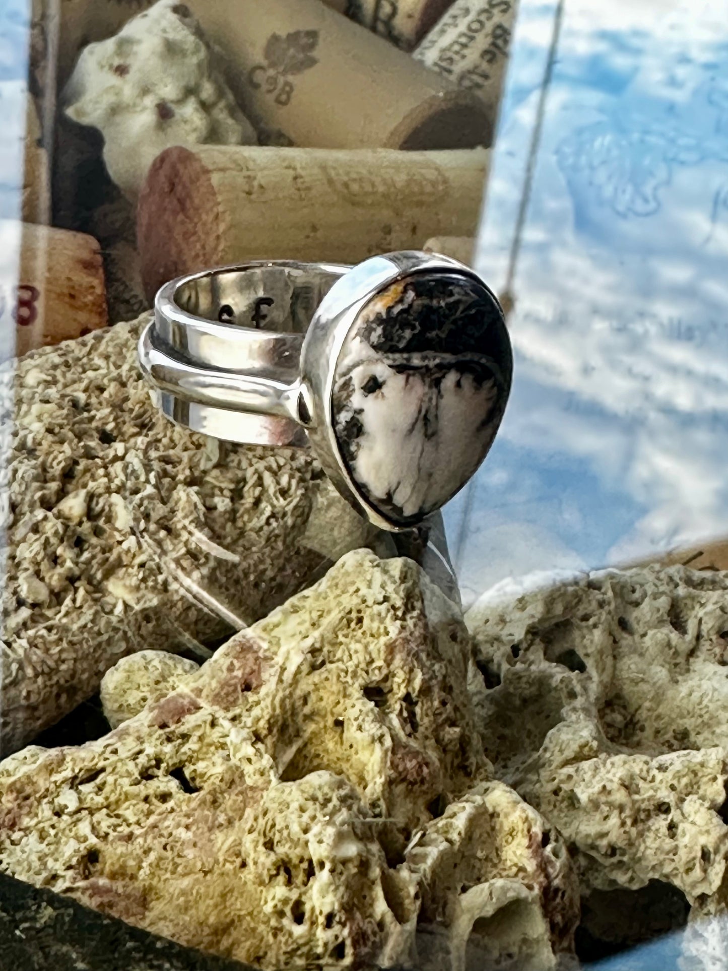 White Buffalo Small Tear Drop Contemporary Ring Size 7.5, Adjustable