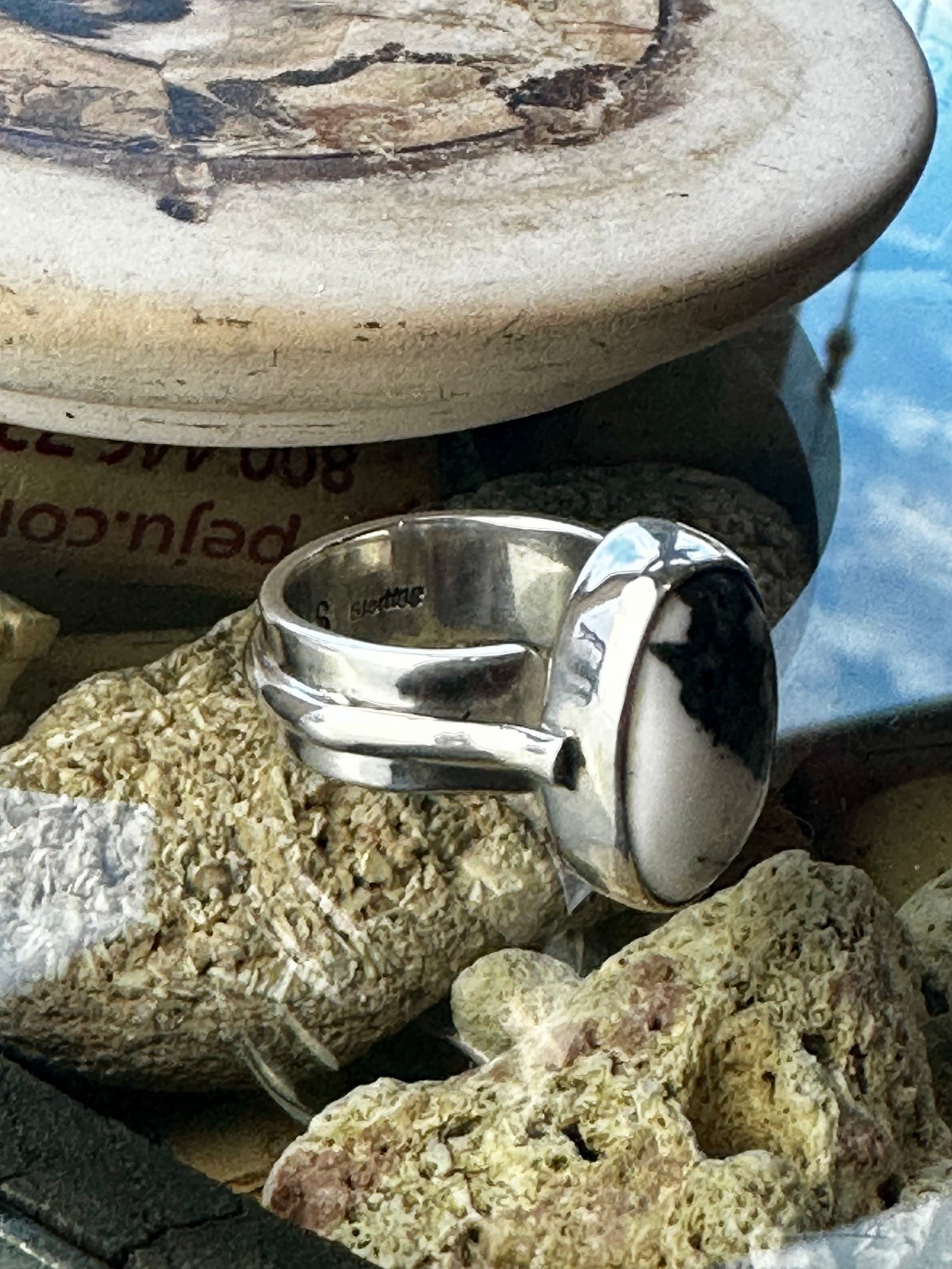 White Buffalo Small Oval Contemporary Ring Size 8, Adjustable