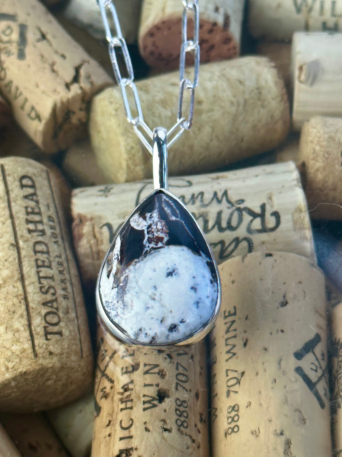 White Buffalo Tear Drop Contemporary Pendant with Clip Chain