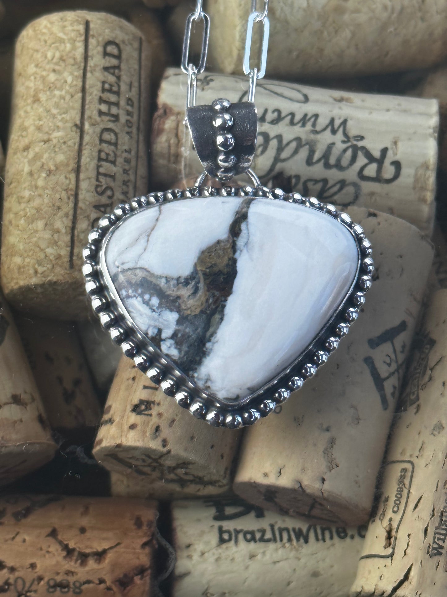 White Buffalo Large Shield Pendant with Bead Wire & Adjustable Chain