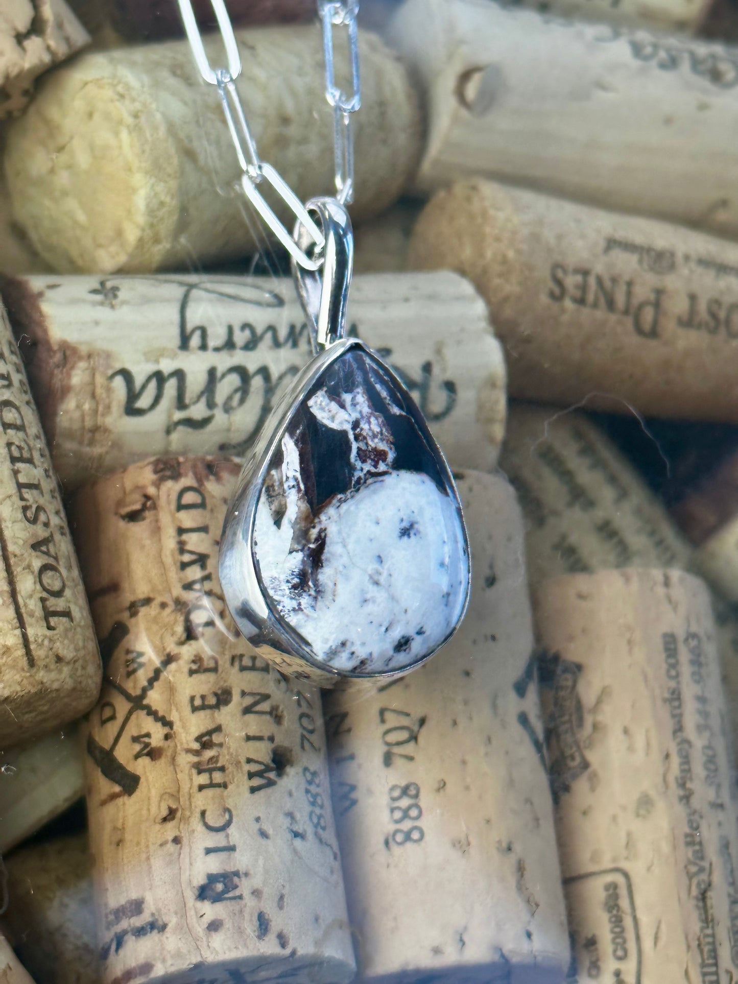 White Buffalo Tear Drop Contemporary Pendant with Clip Chain