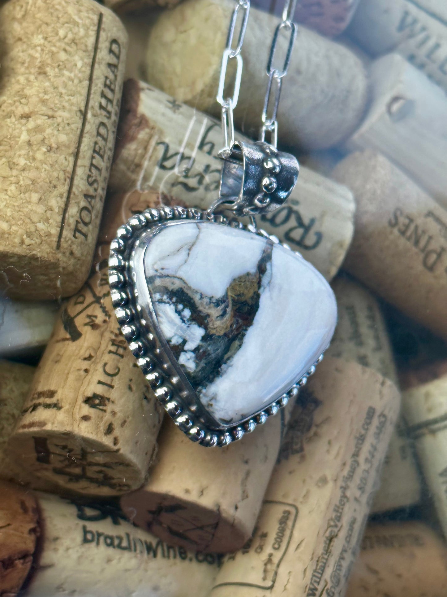 White Buffalo Large Shield Pendant with Bead Wire & Adjustable Chain