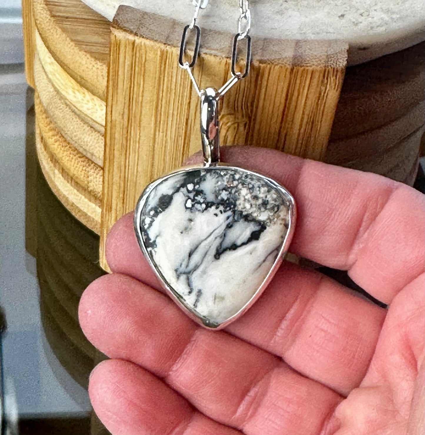 White Buffalo Large Shield Contemporary Pendant with Clip Chain