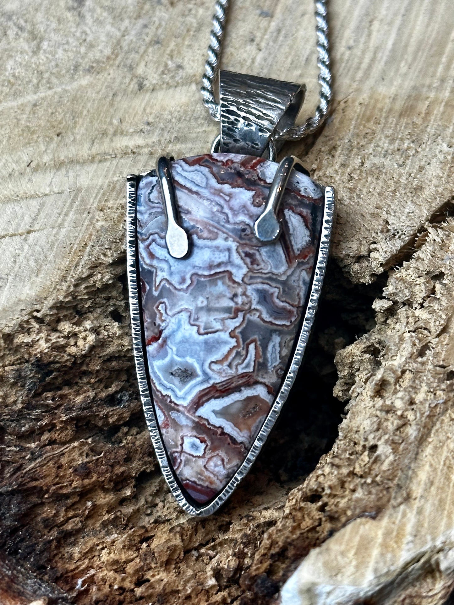 Craze Lace Agate Partial Bezel with Prongs Pendant with Rope Chain