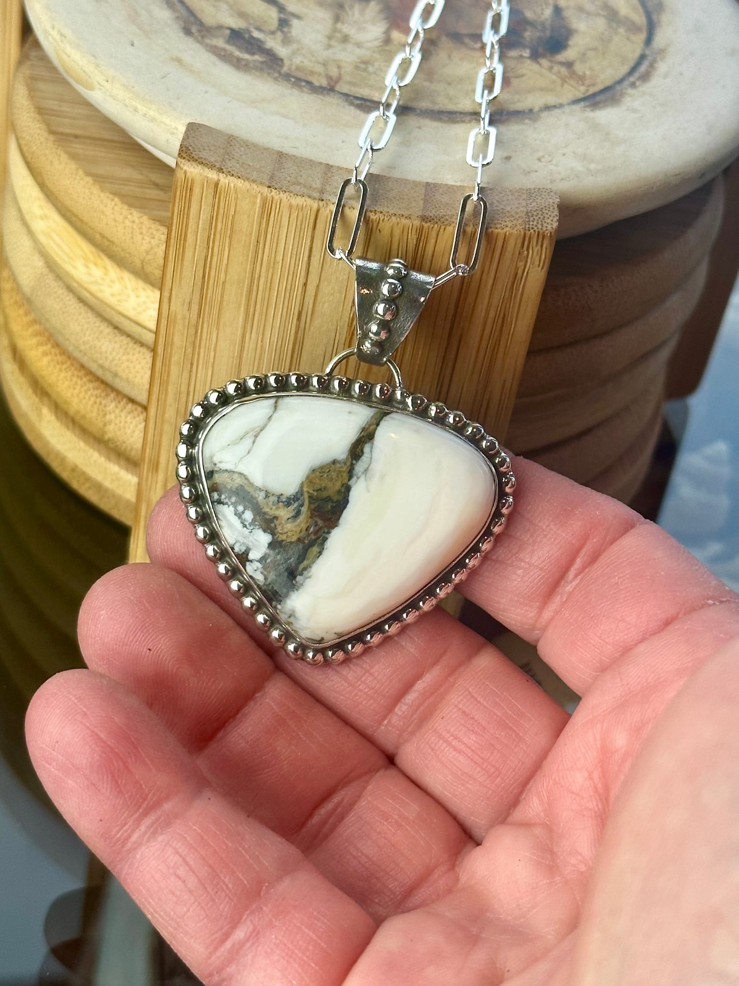 White Buffalo Large Shield Pendant with Bead Wire & Adjustable Chain