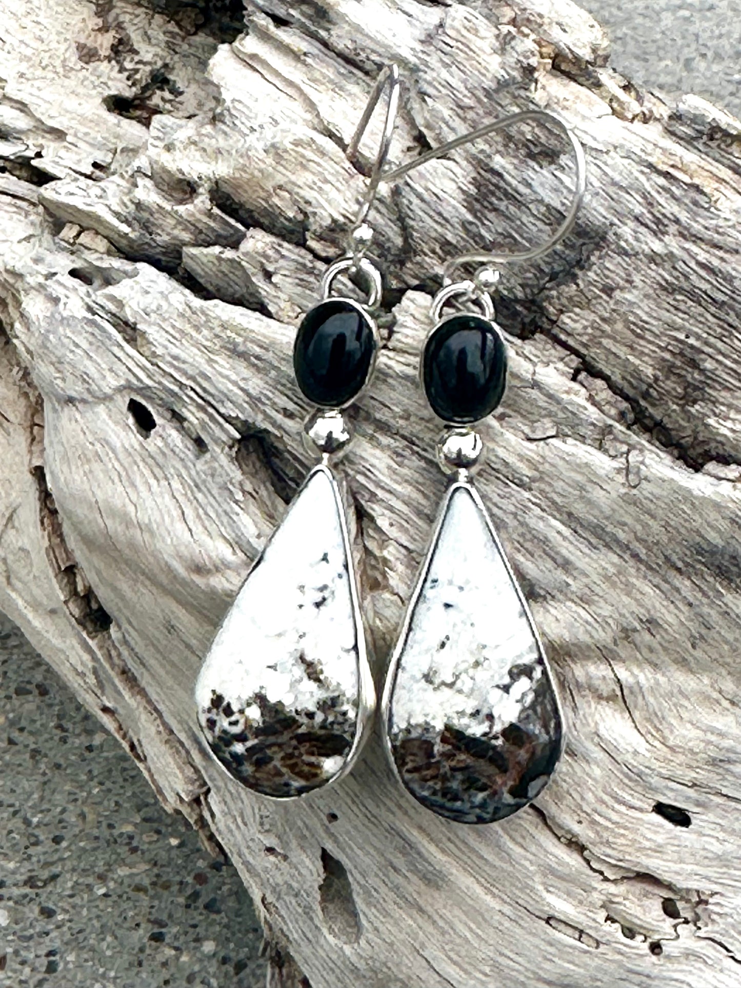 White Buffalo & Black Onyx Sterling Silver Earrings